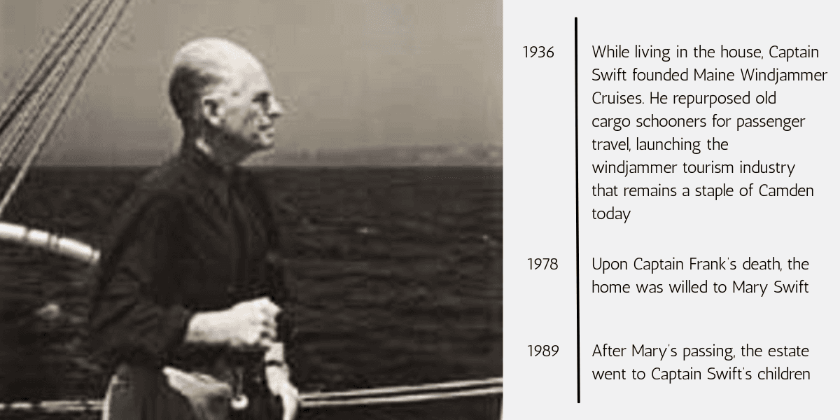 Historical image of Captain Swift on a boat, alongside text outlining milestones related to Maine Windjammer Cruises and property inheritance.