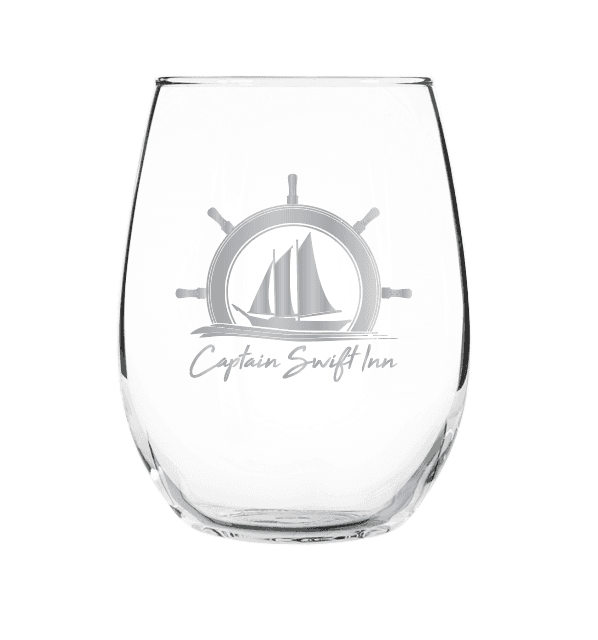 Etched glass featuring a sailboat and the text "Captain Swift Inn."