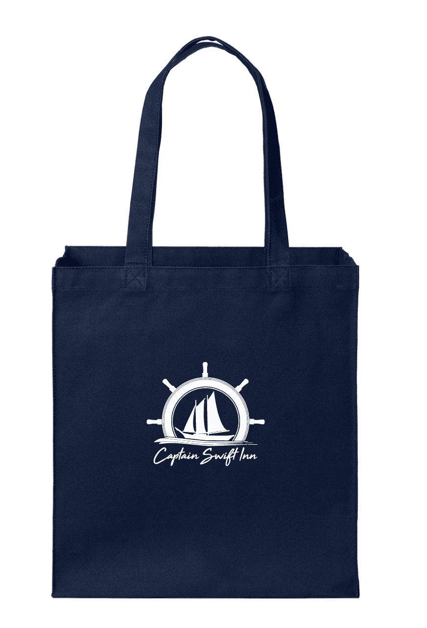 Navy tote bag featuring a ship wheel design with "Captain Swift Inn" and a sailboat logo.