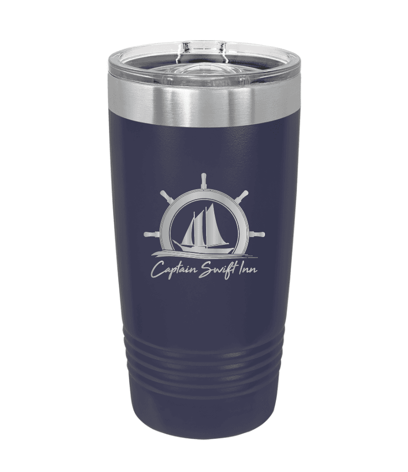 Navy insulated tumbler featuring a silver logo of a ship and the text "Captain Swift Inn."