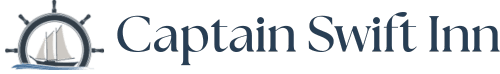 Logo for Captain Swift Inn with a ship and steering wheel design.