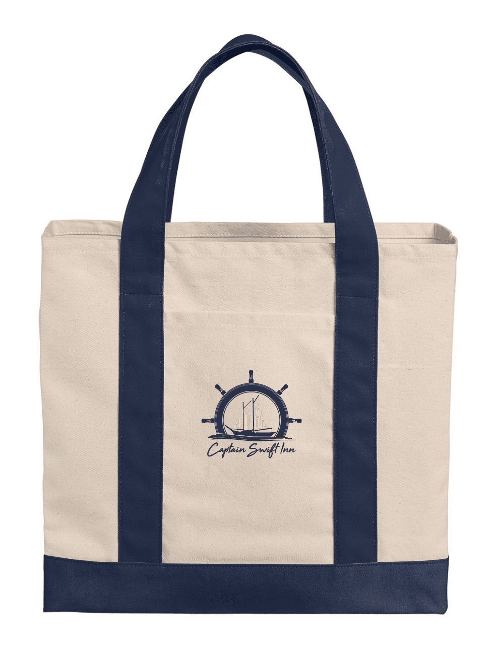 A beige canvas tote bag with navy blue handles featuring a nautical logo and the text "Captain Swift Inn."