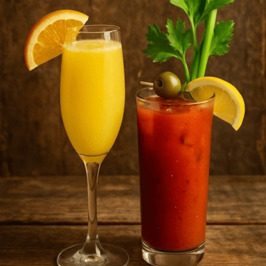 A glass of mimosa beside a glass of Bloody Mary garnished with celery and citrus.