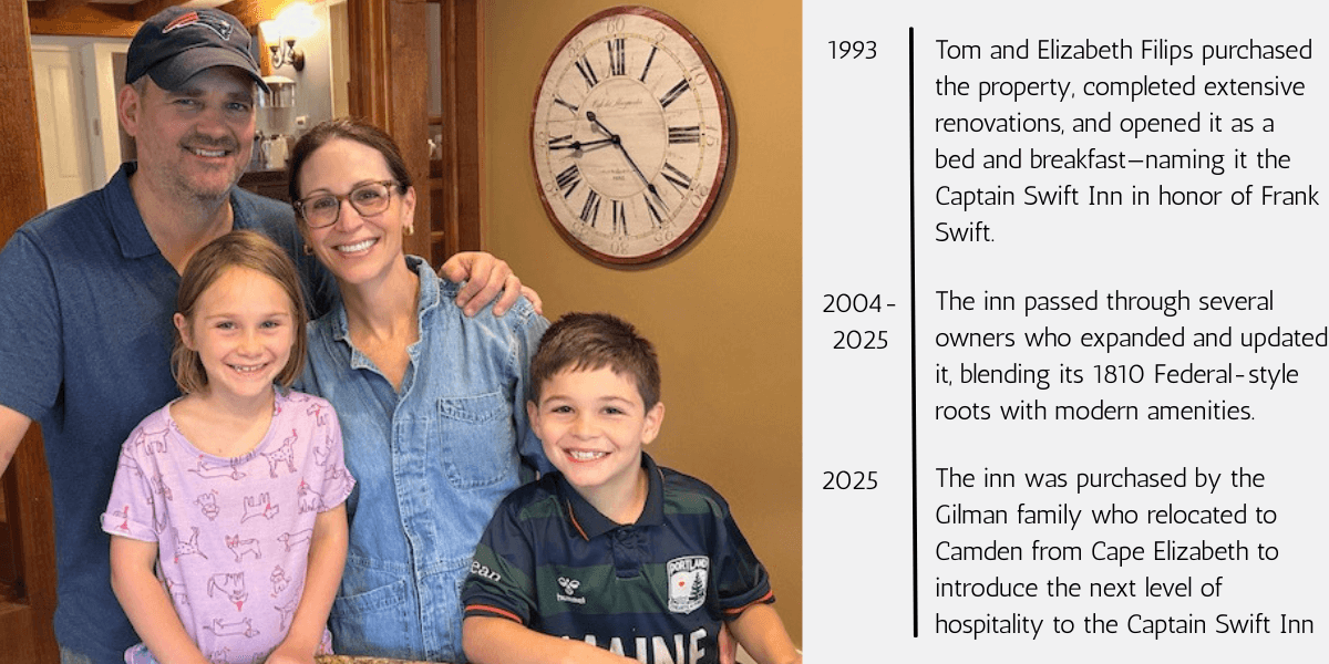 A family of four smiles together in a cozy kitchen, with a large clock on the wall behind them.