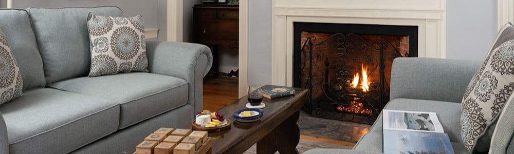 A cozy living room featuring gray sofas, a wooden coffee table with snacks, and a fireplace.