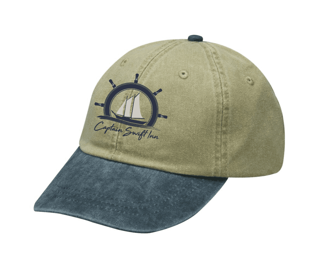 Olive green and navy baseball cap featuring a nautical-themed logo with "Captain Swift Inn."
